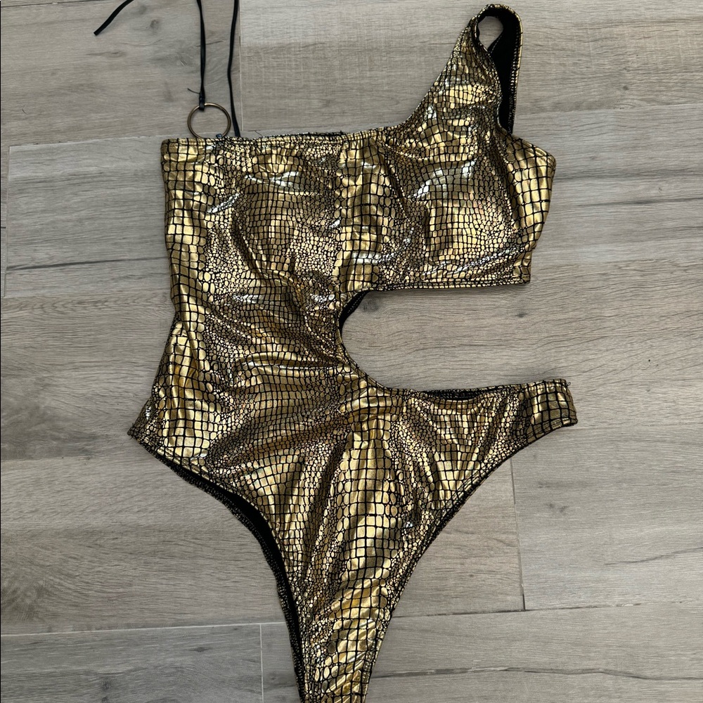 Gold Snakeskin Cutout One Piece Swimsuit